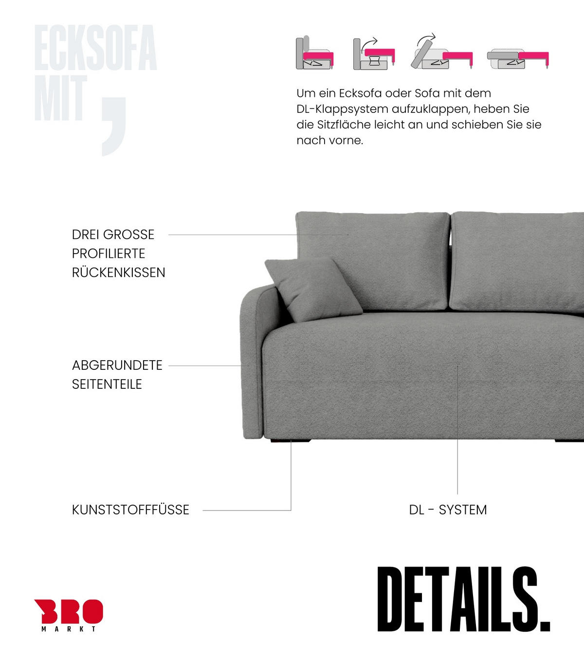 ECKSOFA Malen mit Schlaffunktion Grau Bouclé - Grau, Textil (215/141cm) - Bromarkt