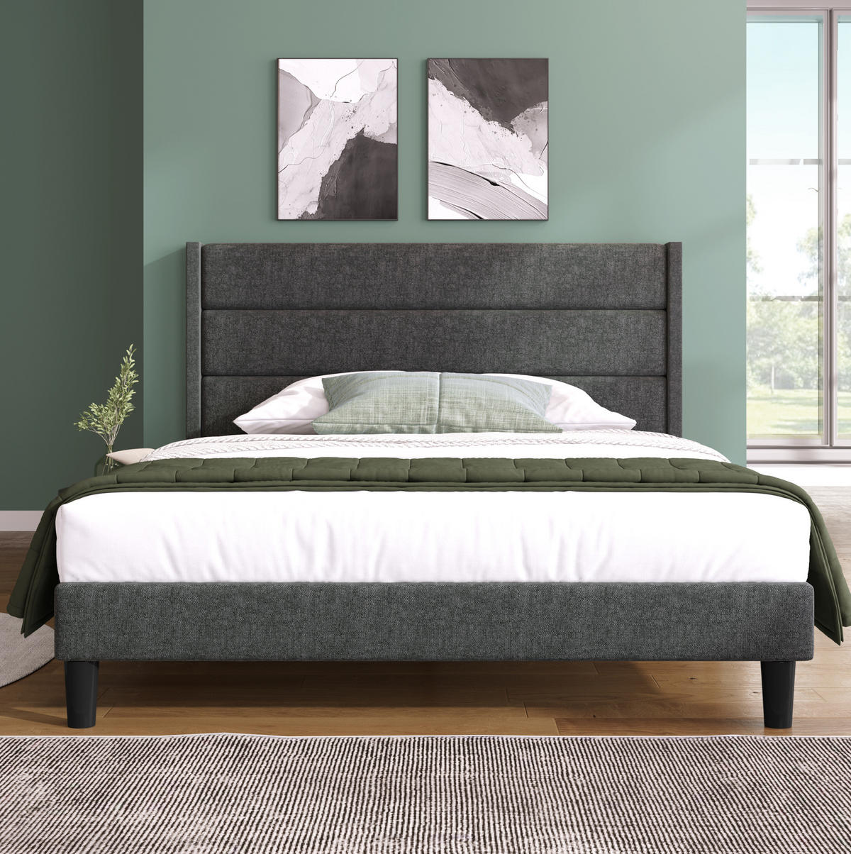 POLSTERBETT 140/200 cm Dunkelgrau mit gepolstertem Kopfteil aus Leinen - Dunkelgrau, Textil (140/200cm) - OKWISH