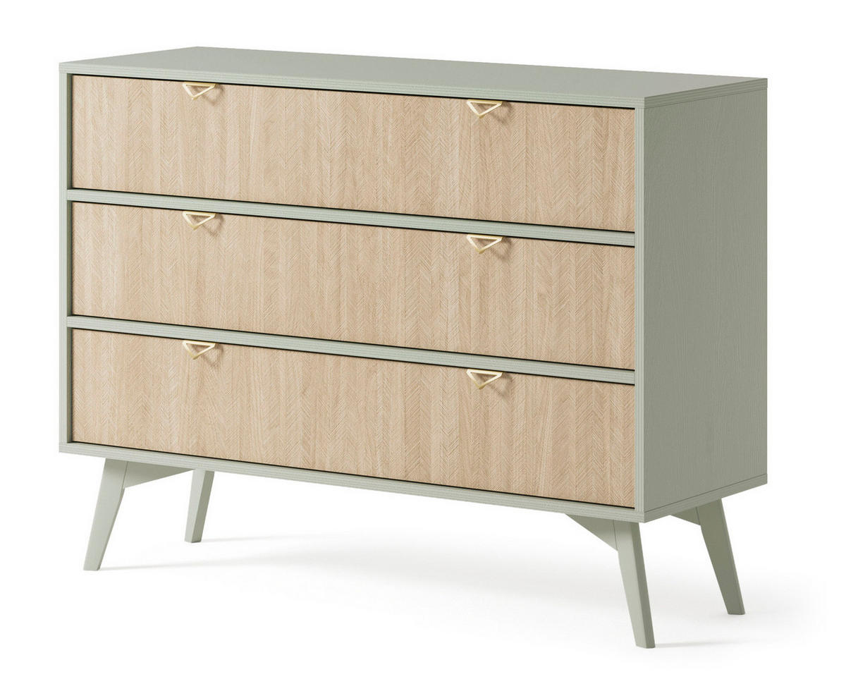 KOMMODE Silva 106 cm in Eukalyptus + Scandi-Fischgrätmuster mit Schubladen - Goldfarben/Grün, Holz/Holzwerkstoff (106/81/38cm) - Ravio