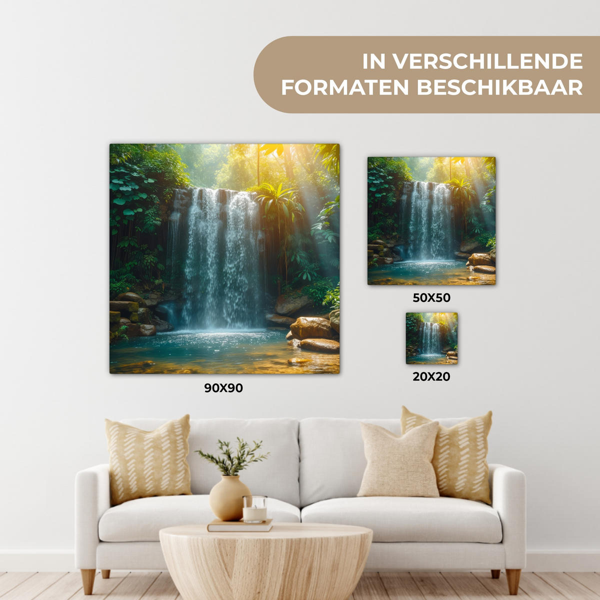 LEINWANDBILD Wasserfall - Dschungel - Sonne - Grün - Natur Deko Wohnzimmer 20x20 cm - Grün, Textil (20/20cm) - MuchoWow