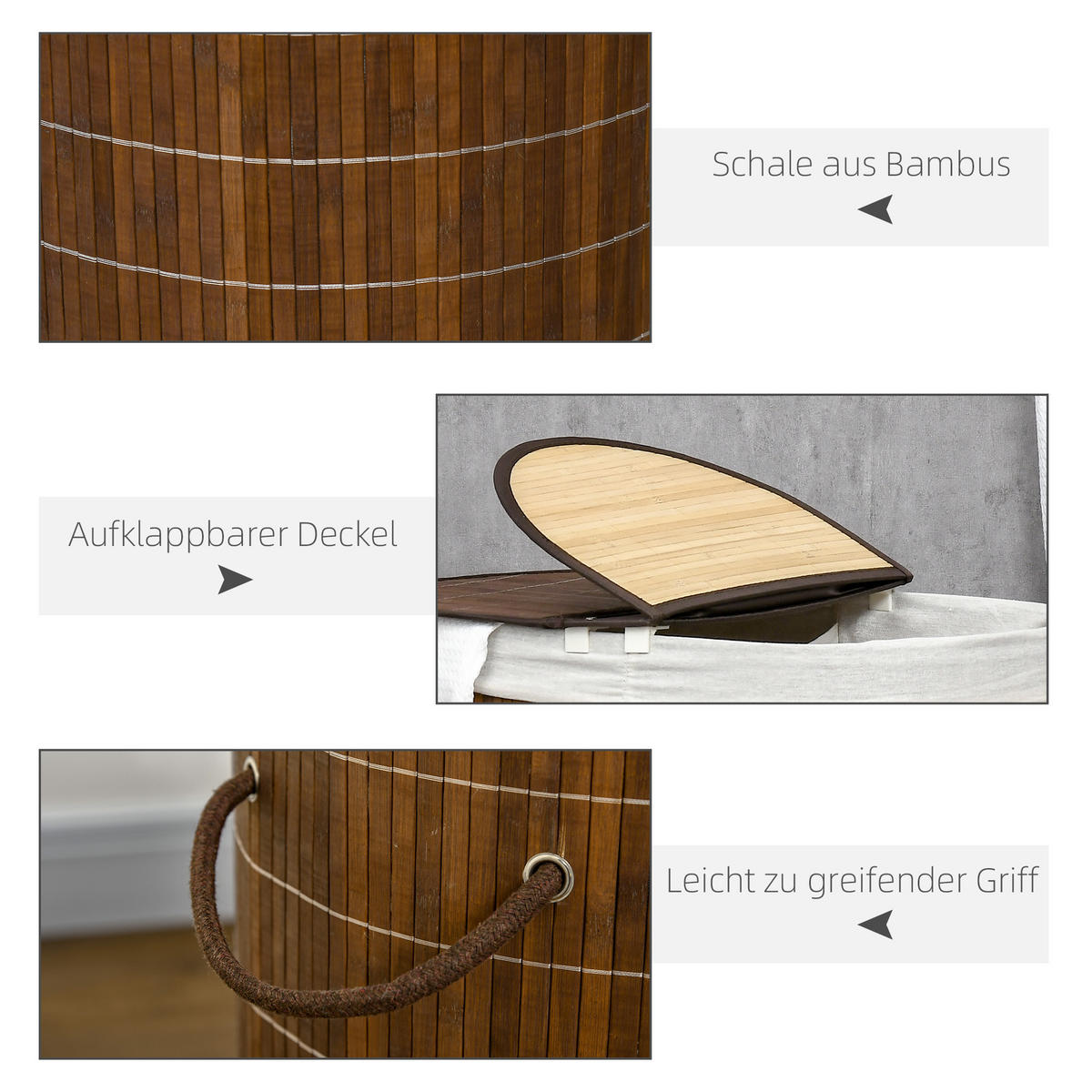 WÄSCHEKORB, Bambus, Polyester, Braun - Braun, Naturmaterialien (37/60.5/62.5cm) - HOMCOM