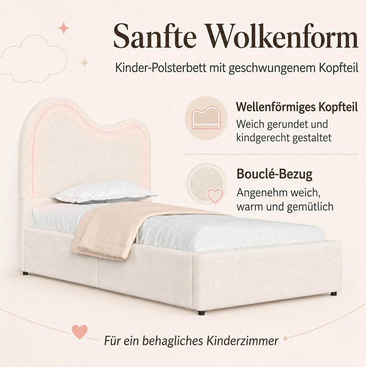 KINDER-POLSTERBETT aus Bouclé 90x200 cm Weiß mit Bettkasten, Lattenrost und LED-Beleuchtung - Weiß, Textil (90/200cm) - Modfu