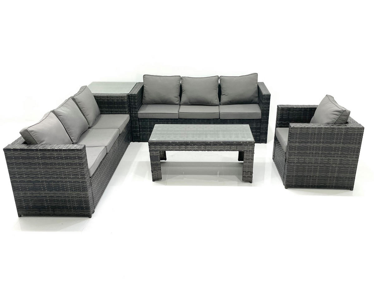 GARTENMÖBEL-SET COUCHTISCH SESSEL SOFA mit HOCKER Polyrattan Dunkelgrau Gemischt 7-Sitzer - Dunkelgrau/Grau, Glas/Kunststoff - Fimous