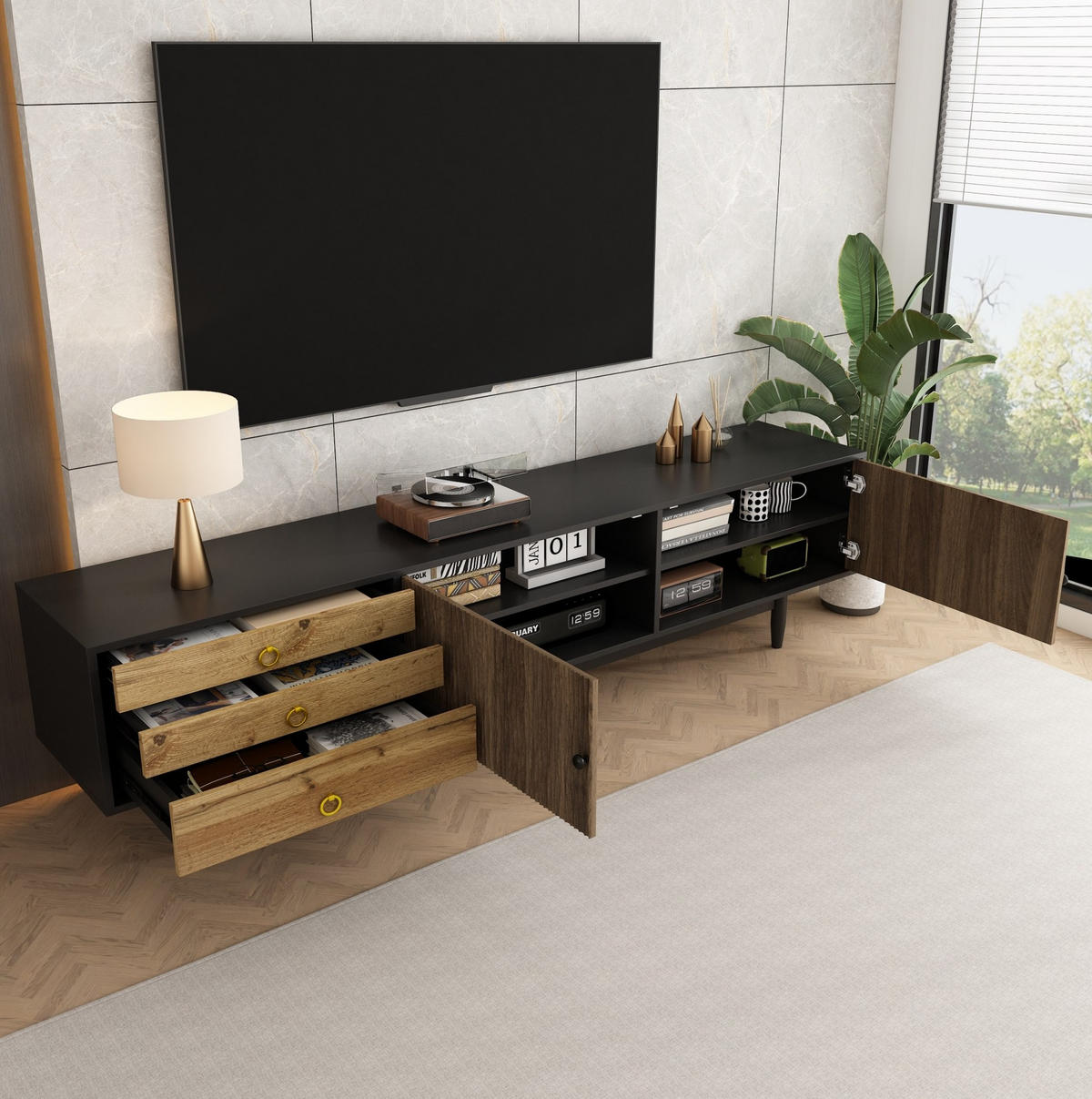 TV-SCHRANK 180/50/38 cm schwarz-finish MDF mit 2 Türen und 3 Schubladen - Schwarz, Holzwerkstoff (180/38/50cm) - OKWISH