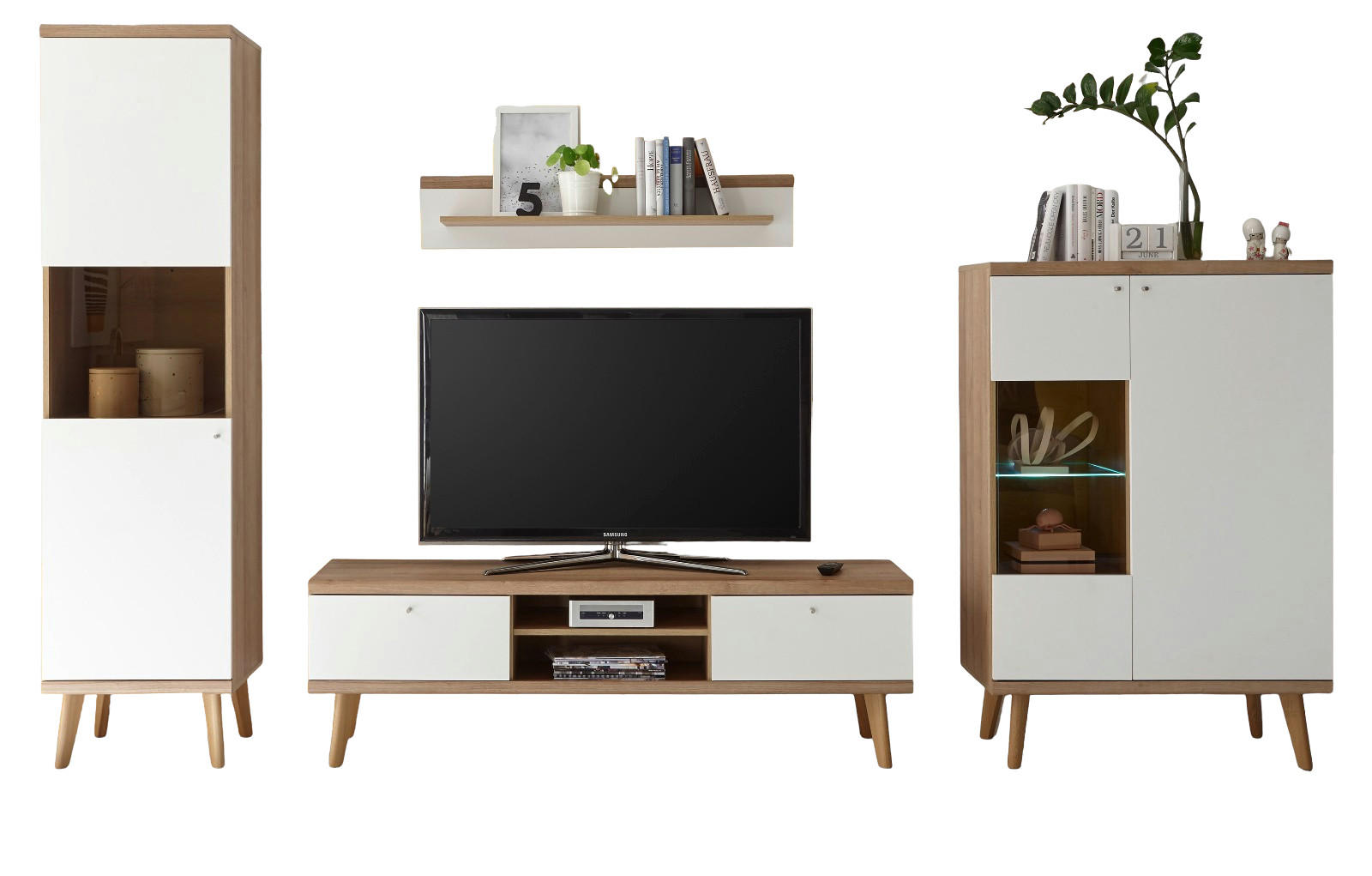 WOHNWAND weiß Eiche Riviera, Schrankwand skandinavisch 4-teilig 320 x 197 cm - Eichefarben/Weiß, Holzwerkstoff/Metall (320/197/40cm)