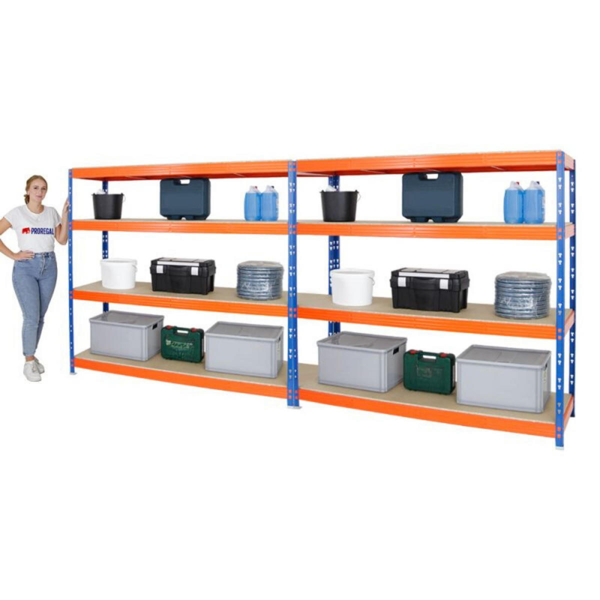 SCHWERLASTREGAL Rhino 2er-Set mit 2x 180x200x60 cm 4 Spanplatten-Ebenen 8mm Fachlast 500 kg Blau-Orange - Orange, Metall (400/180/60cm) - PROREGAL