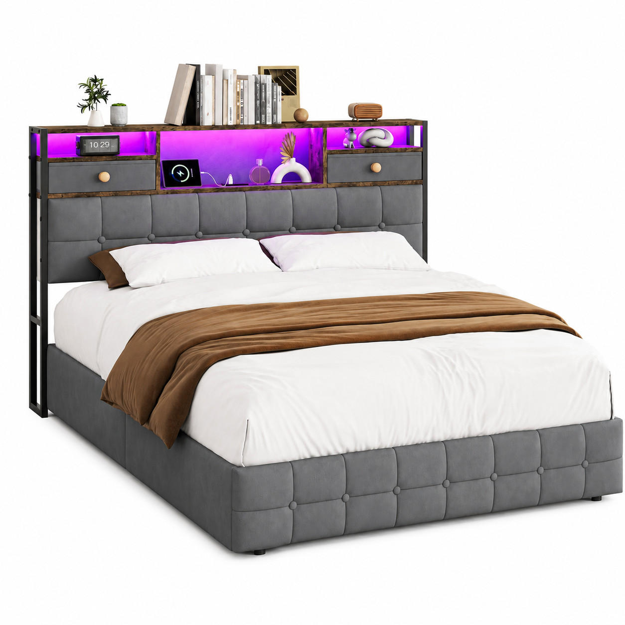 POLSTERBETT 140/200 cm mit multifunktionalem Ablagekopfteil, Schubladen, RGB-LED, USB-Anschluss und Chesterfield-Knopfsteppung - Grau, Holz/Metall (140/200cm) - Joyfair