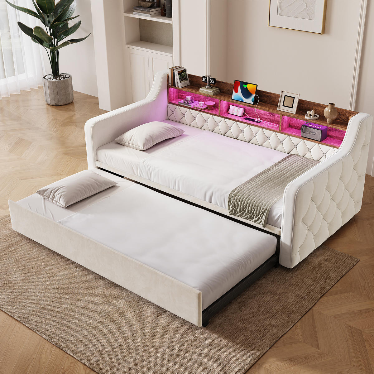 SCHLAFSOFA Beige aus Samt mit Ausziehbett, Stauraumkopfteil, LED und USB-Ladeanschlüssen - Beige, Textil (107/80/201cm) - Luhomfu