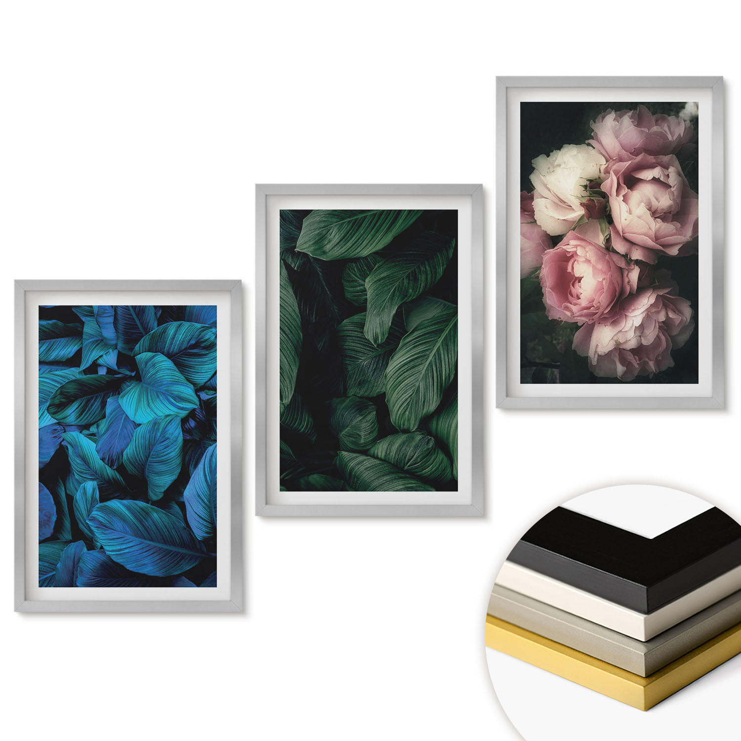 WANDBILDER 3er Set - 40x60 cm Silberner Rahmen - Blätter, Blüten, verschiedene Farben - Silberfarben, Kunststoff (40/60cm) - ArtPrintCave