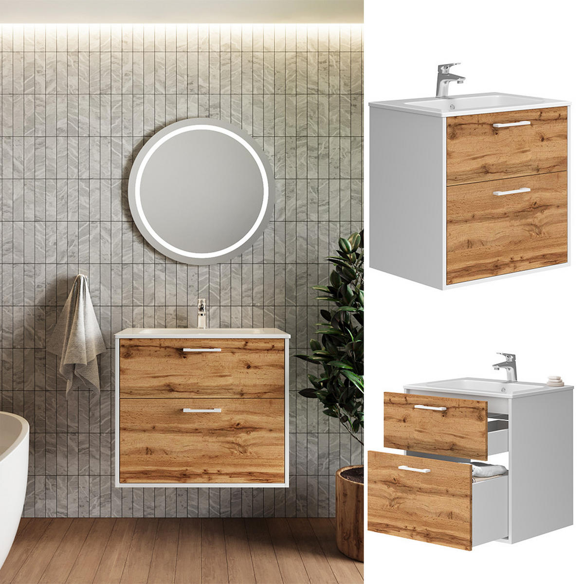 WASCHBECKENUNTERSCHRANK Lanco Weiß/Goldkraft Eiche 61 x 61.5 cm mit Waschbecken - Honigeiche/Weiß, Holzwerkstoff (61/61.5/46.5cm) - Vicco