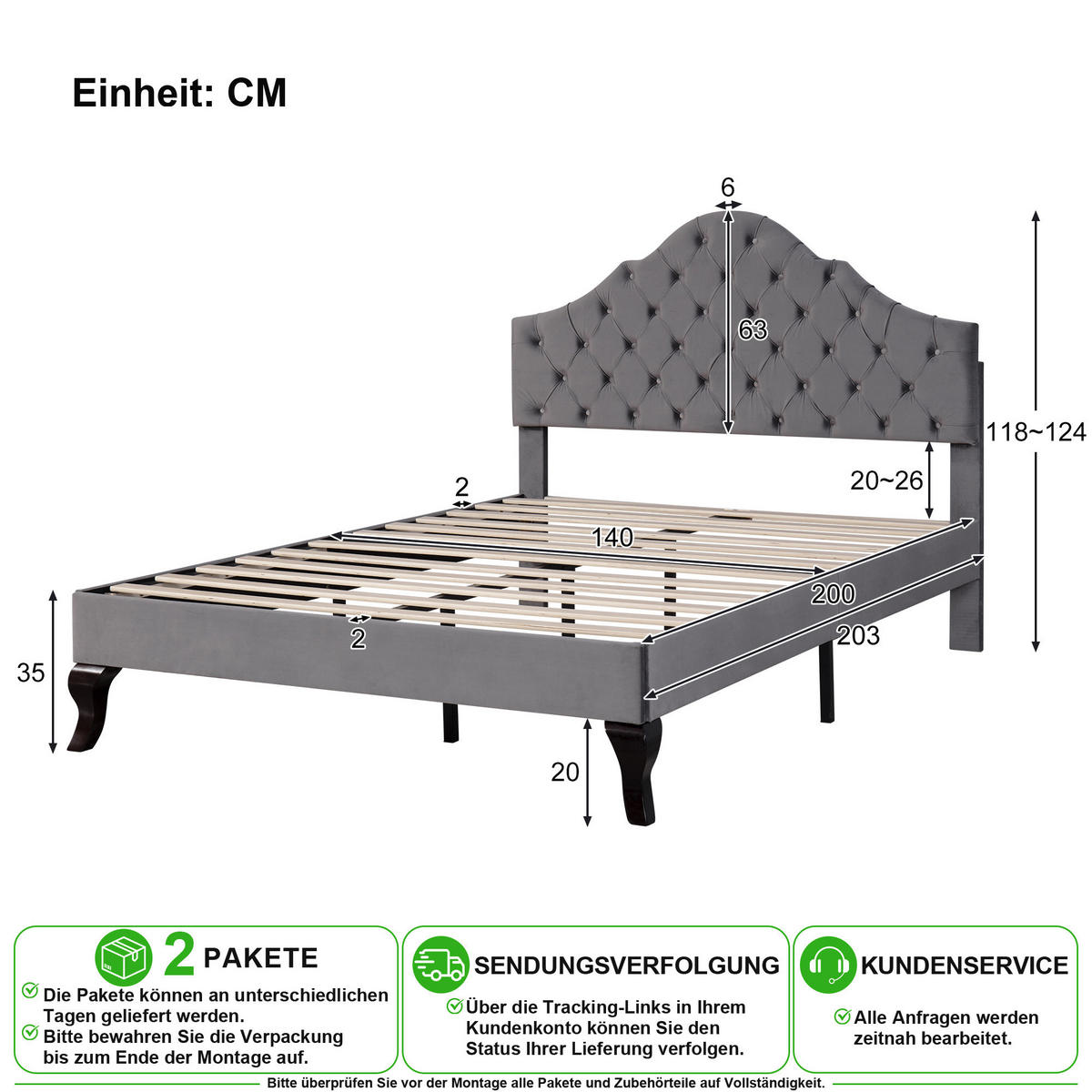 POLSTERBETT 140/200 cm in Grau Samt mit Lattenrost und verstellbarem Kopfteil - Grau, Holzwerkstoff/Textil (140/200cm) - CHICFURN