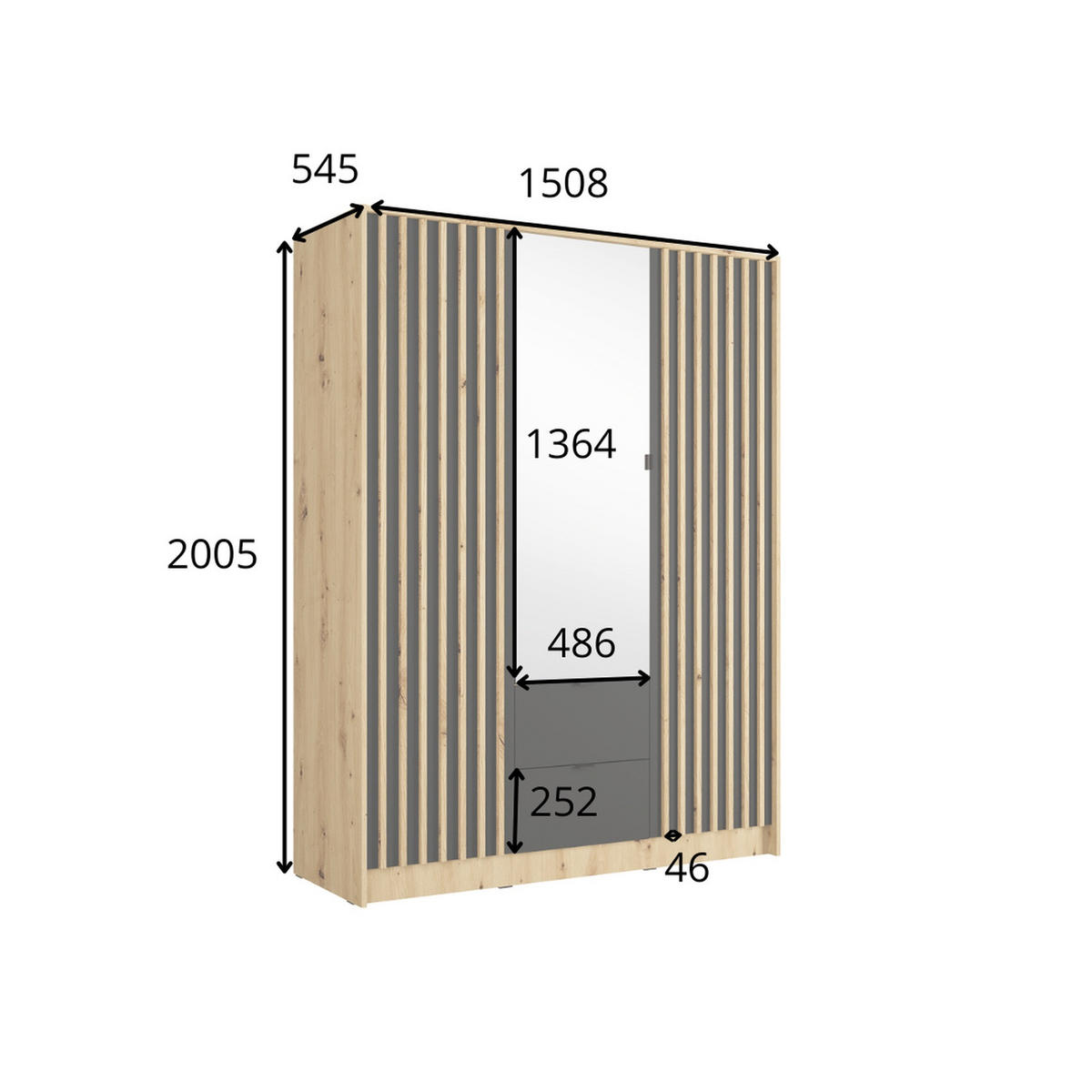 KLEIDERSCHRANK Onyx Schwarz 151/201/55 - Schwarz, Holzwerkstoff (151/201/55cm) - RAUMHIRSCH FURNITURE