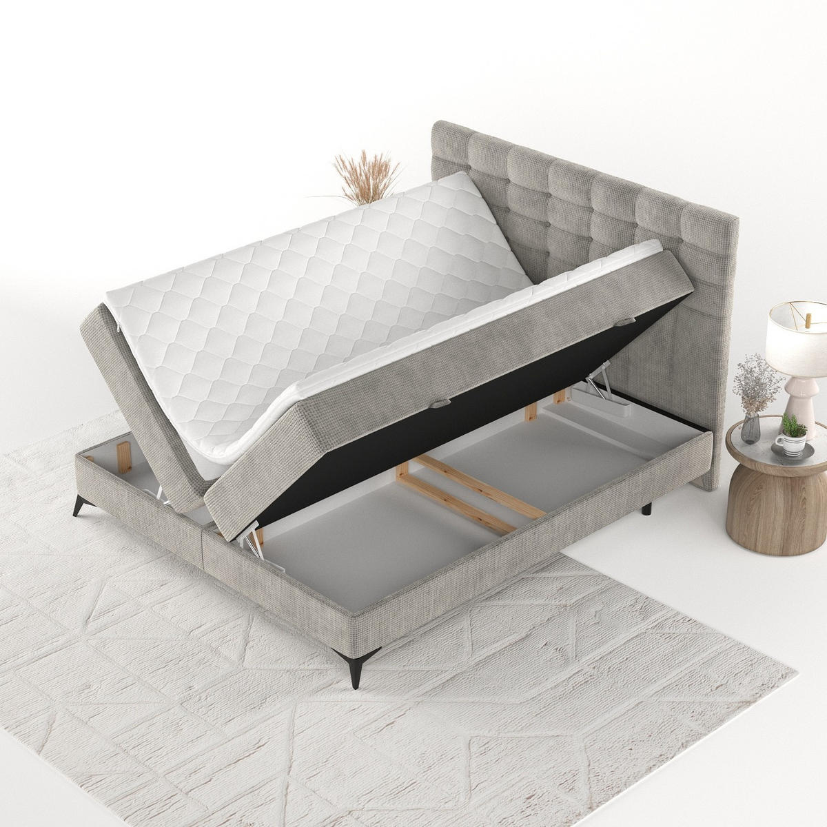 BOXBETT Niro 140/200 cm Hellbeige im Bonita Stoff - Beige/Schwarz, Holz/Holzwerkstoff (140/200cm) - AltaBeds