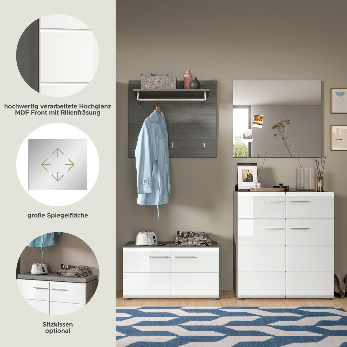 GARDEROBENKOMBINATION Salsa 175x192x37 cm Rauchsilber Weiß 4tlg. - Silberfarben, Holz (175/192/37cm)