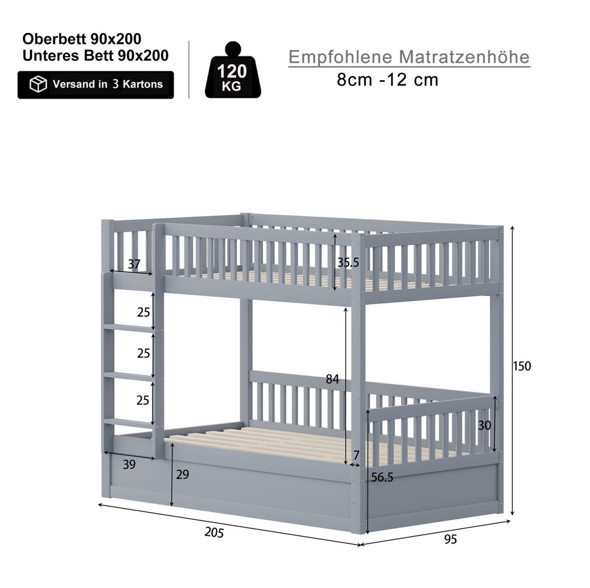 ETAGENBETT Kinderbett 90/200 cm aus Holz mit hydraulischem Stauraum Grau - Grau, Holzwerkstoff (90/200cm) - Modenvie