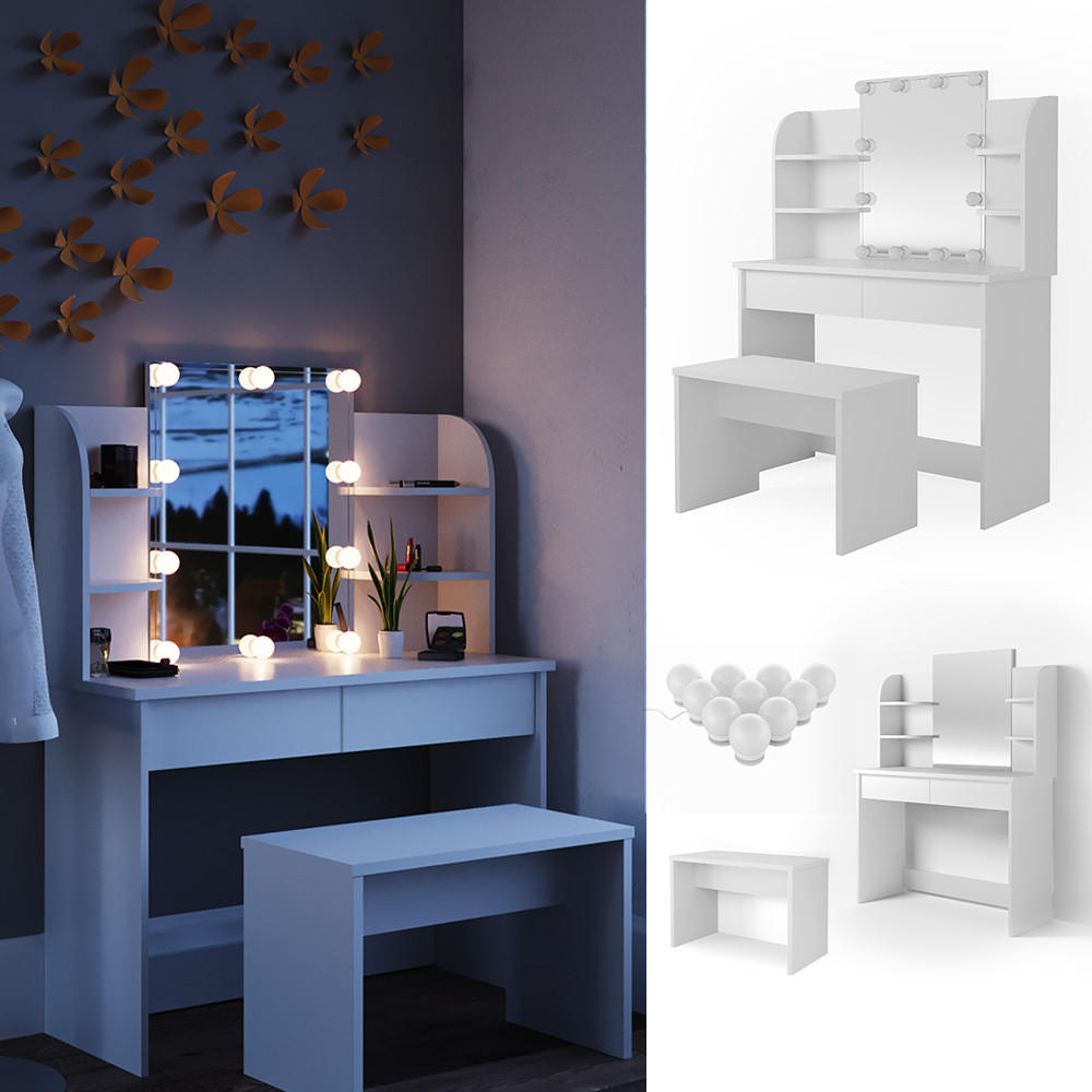 SCHMINKTISCH Charlotte Weiß 108 cm mit LED Beleuchtung und Bank - Weiß, Holzwerkstoff (108/139/40cm) - Vicco