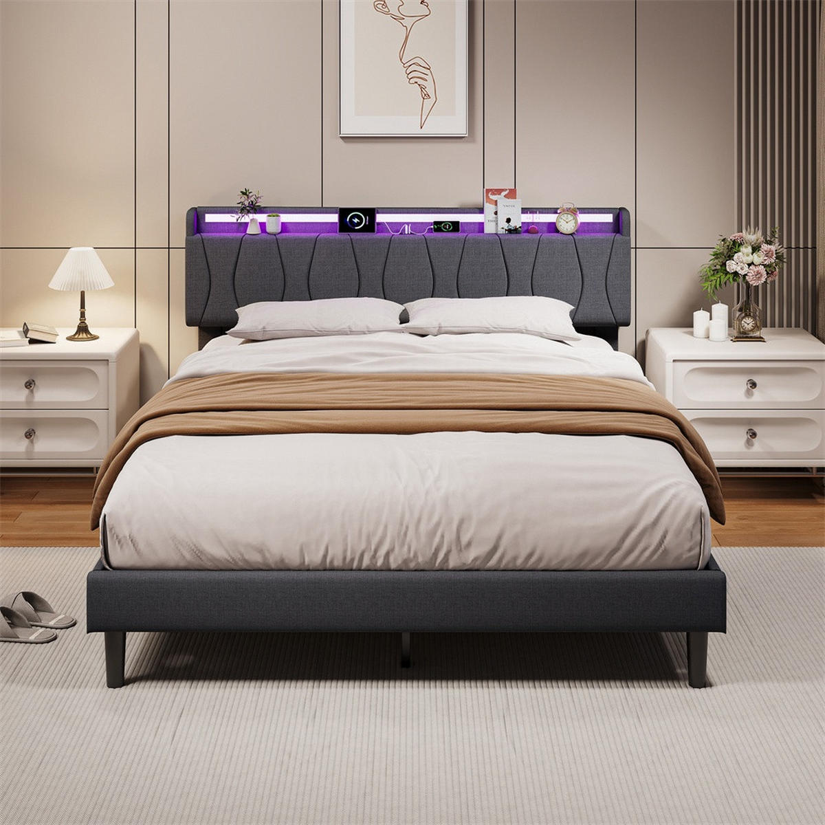 POLSTERBETT 140x200 cm mit LED-Beleuchtung - Kopfteil mit Ladefunktion - Gepolstertes Kopfteil - Grau - Grau, Textil (140/200cm) - DELFA