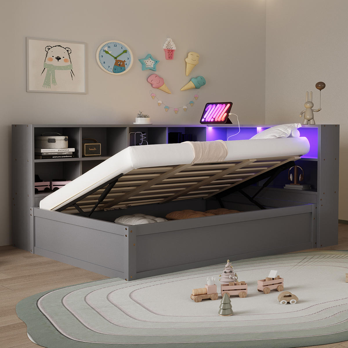 ČALOUNĚNÁ POSTEL 90x200cm Masiv Dřevo LED USB Úložná Šedá - šedá, dřevo (90/200cm) - FLIEKS
