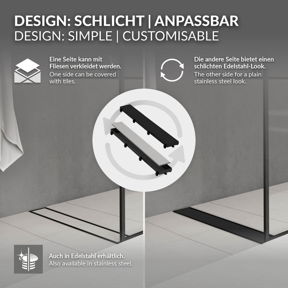 DUSCHRINNE 50cm - Schwarz, Metall (13.9/7.8/54cm) - LuxeBath