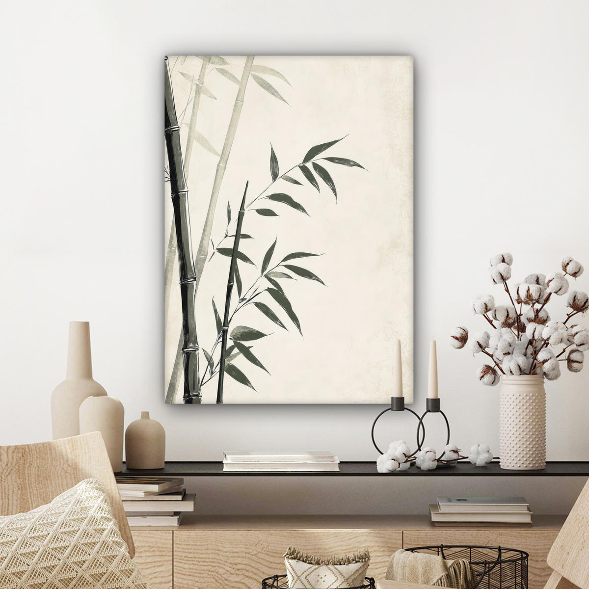 LEINWANDBILD Japandi - Bambus - Beige 60x80 cm - Eukalyptusholzfarben, Textil (60/80cm) - MuchoWow