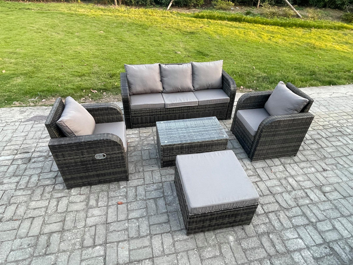 GARTENMÖBELSET mit Couchtisch Polyrattan 6-Sitzer - Dunkelgrau/Grau, Glas/Kunststoff - Fimous