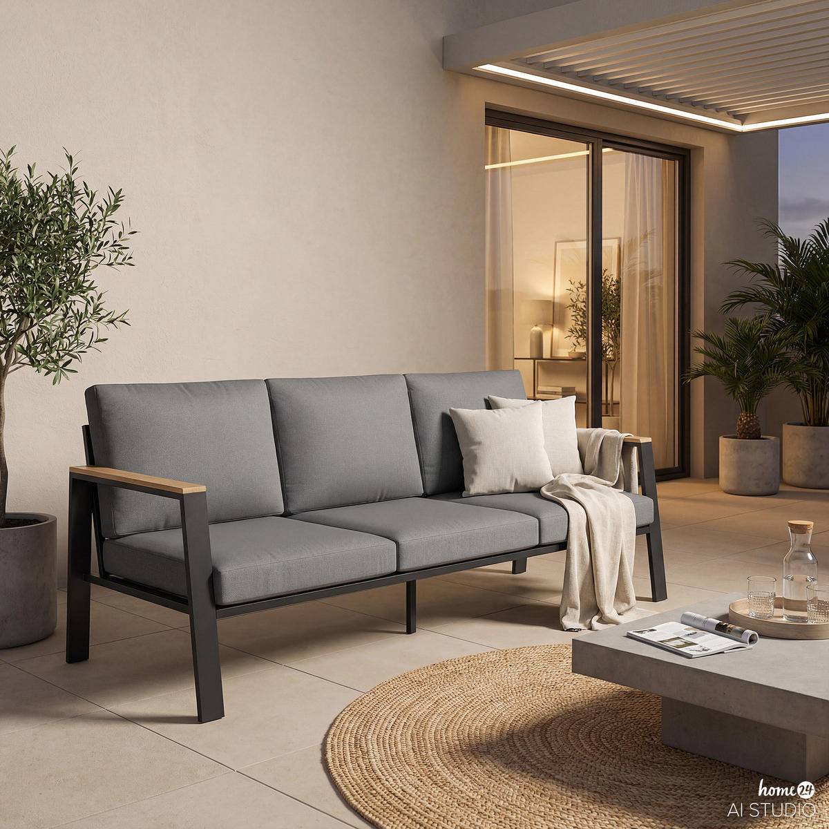 3-SITZER LOUNGESOFA - Aluminium / Polyester - Anthrazit - Anthrazit/Braun, Holz/Textil (191/74/75cm) - home24