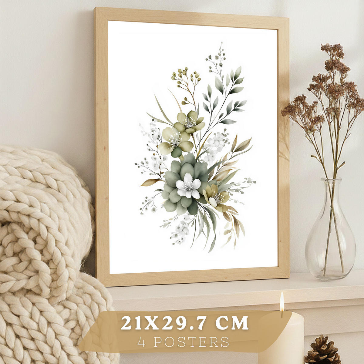 PLAKAT Sada 4 botanických uměleckých tisků. Akvarelové květinové nástěnné umění. Velikost Bezrámové A4 - čirá, papír (21/29.7/3cm) - Nacnic