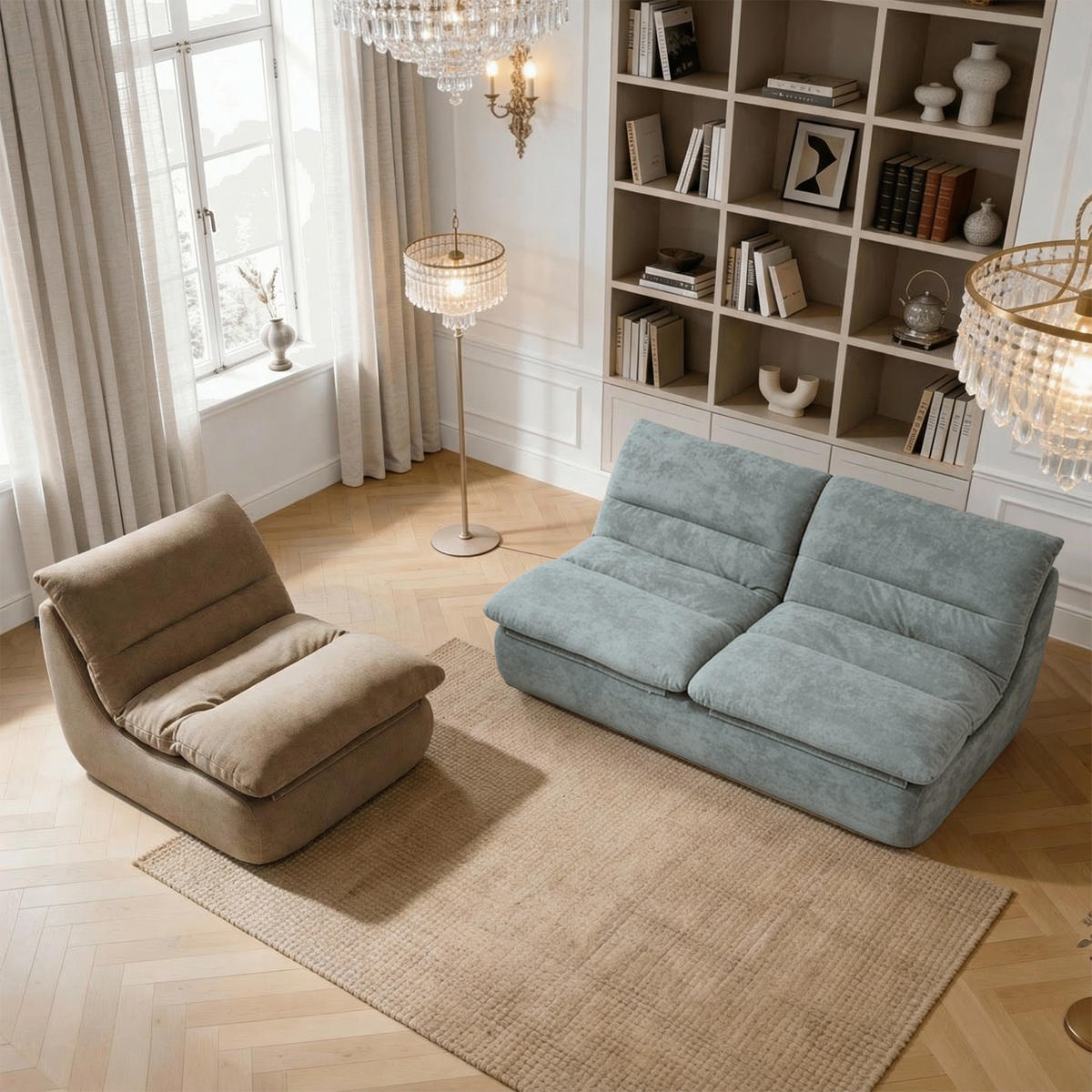 SITZGARNITUR Nuvia Sofa und Sessel Salbei und Sand - Sandfarben/Salbeigrün, Textil (160/73/100cm) - COCO Living