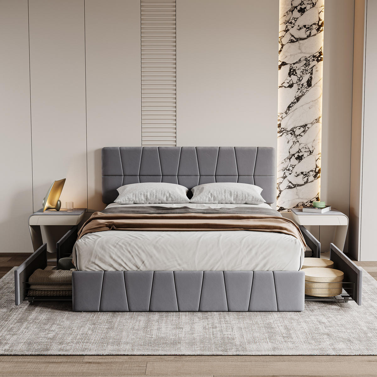 POLSTERBETT,DOPPELBETT 160/200 cm,Bettgestell Grau mit 4 Schubladen ohne Matratze - Naturfarben/Grau, Holz/Textil (160/200cm) - PARAFTA HOME