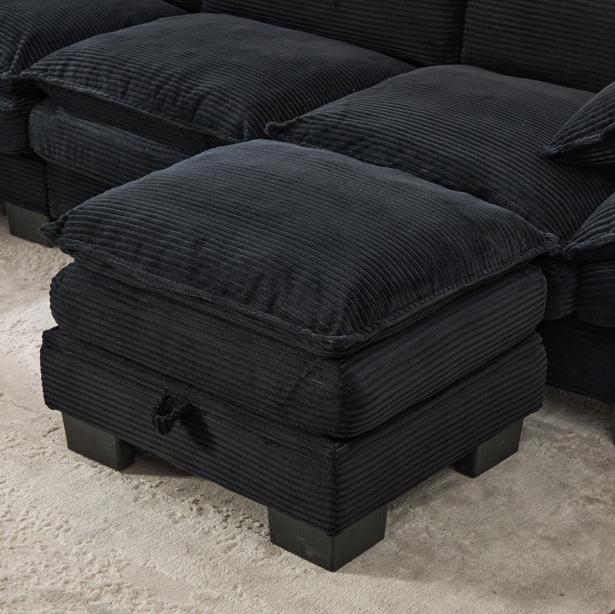 ECKSOFA aus Cord 260x132x84 cm in Schwarz mit Hocker & USB-C - Schwarz, Textil (132/260cm) - Modfu