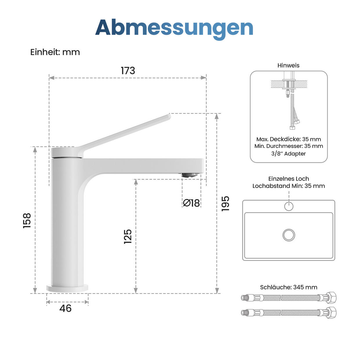 WASCHTISCHARMATUR mit Spulen-Zertifiziertem Filterelement Weiß Matt - Weiß, Metall (17.3/4.6/19.5cm) - EMKE
