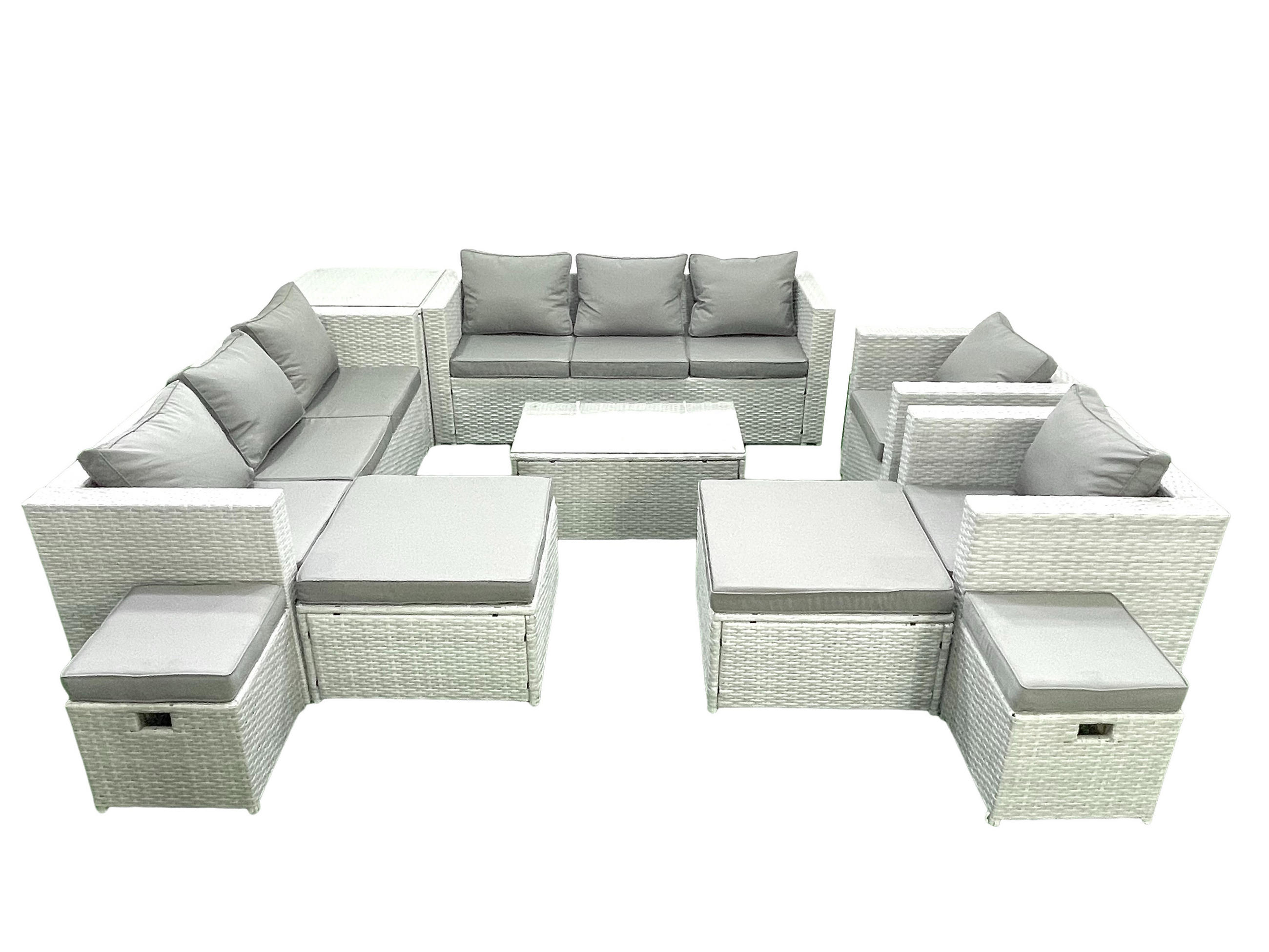 GARTENSET mit 3-SITZER SOFA,COUCHTISCH Polyrattan Hellgrau-Mix 12-Sitzer - Hellgrau/Grau, Glas/Kunststoff - Fimous