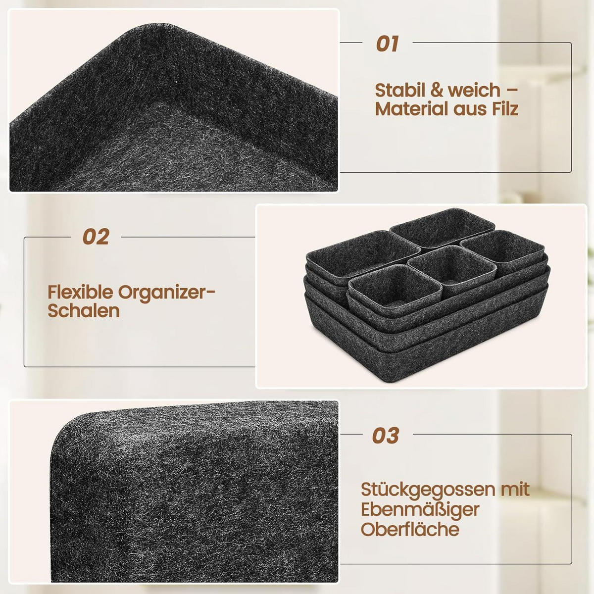 SCHUBLADEN Organizer 9-teiliges Set Filz Dunkelgrau - Anthrazit, Textil (20/7/28cm)