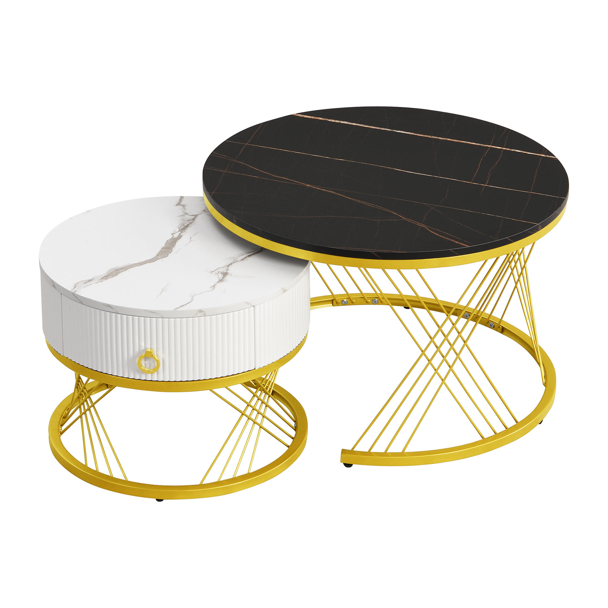 COUCHTISCH 2er-Set Marmoroptik mit Schubladen und Golddekor - Schwarz, Holzwerkstoff (70/70/45cm) - Korfee