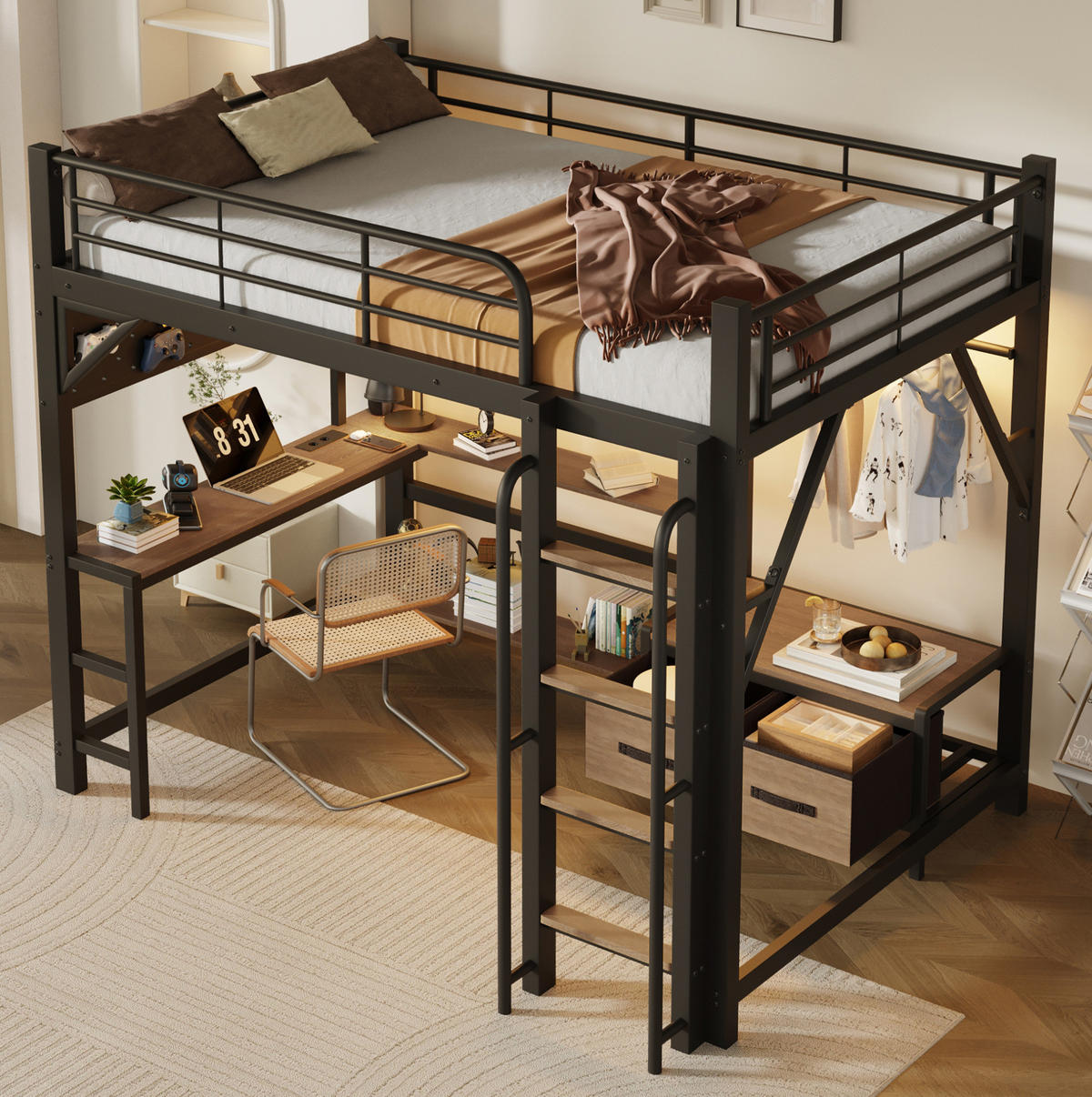 HOCHBETT aus Metall und MDF 140x200 cm Schwarz mit Schreibtisch, LED-Lichtleiste, USB und Stauraum - Schwarz, Holzwerkstoff (140/200cm) - Modfu