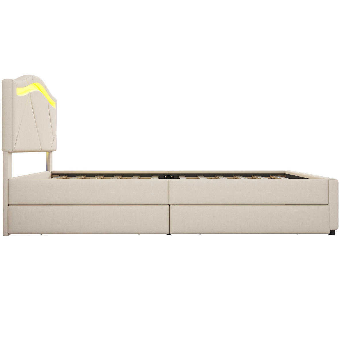 POLSTERBETT aus Leinen 90x200 cm in Beige mit LED-Beleuchtung & 2 Schubladen - Beige, Textil (90/200cm) - Modfu