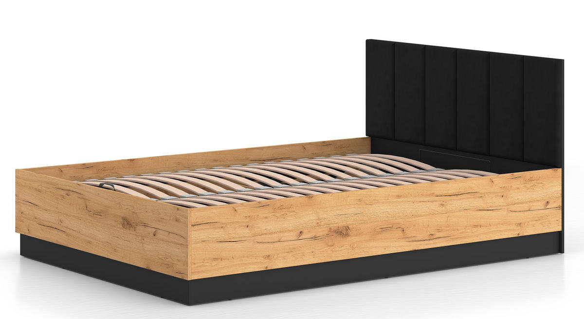 DOPPELBETT Urso Gold Craft Eiche / Schwarz 145 / 208 / 90 cm - Schwarz/Braun, Holz/Metall (140/200cm) - Feldmann-Wohnen