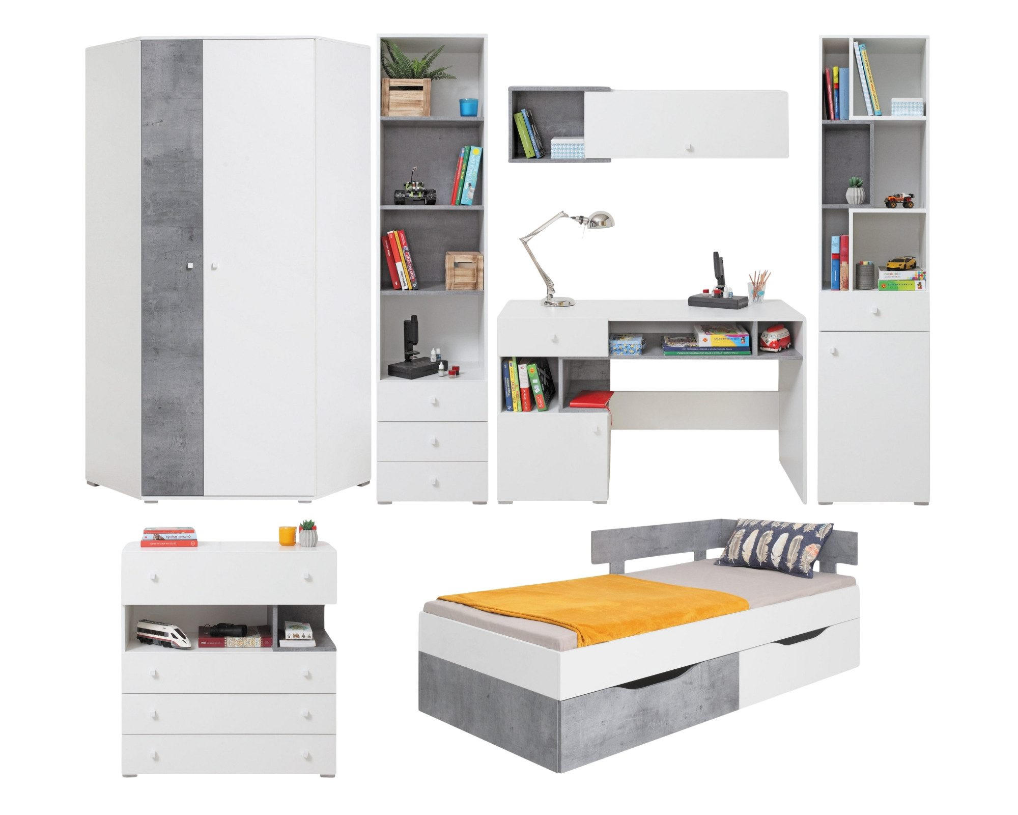 JUGENDZIMMER SIMON 7-teilig Weiß/Grau - Weiß/Grau, Holzwerkstoff (704/190/94cm) - Deine Möbel 24