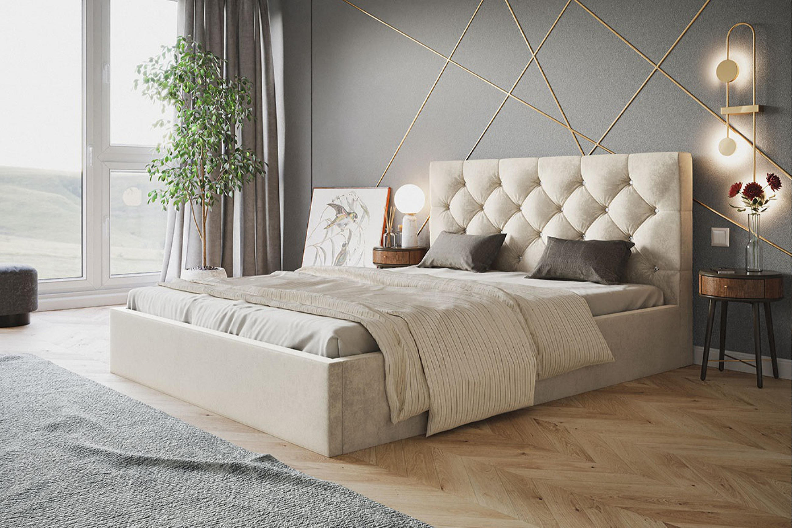POLSTERBETT BOSTON SLIM, 120 x 200 cm mit Bettkasten und Lattenrost aus Holz, Farbe: Beige, Velourestoff - Beige, Holz/Kunststoff (120/200cm) - Alpi-Möbel