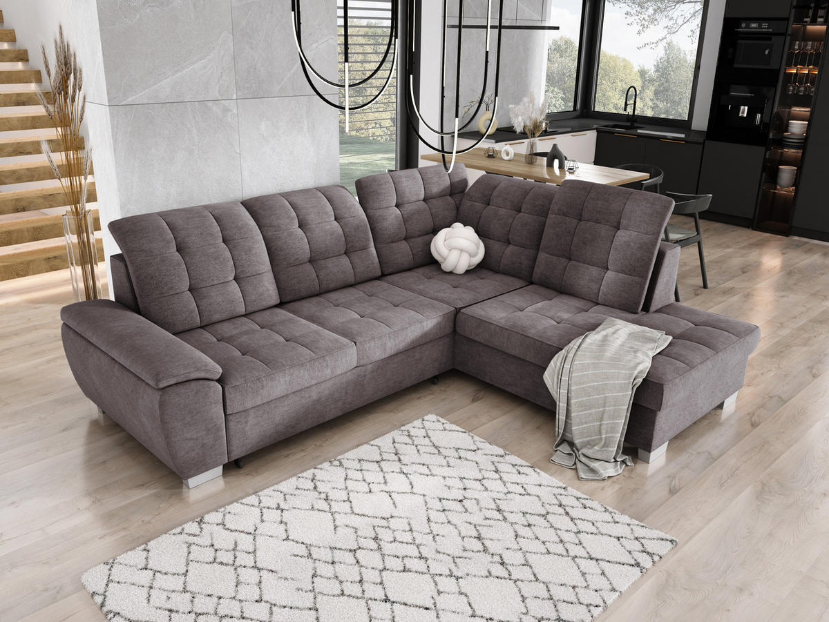 ECKSOFA LOTTA L-förmig Bettkasten verstellbare Kopfstützen hochwertige Verarbeitung lose Rückenkissen freistehend RECHTS 258x212x106 cm Grey - Grau, Holz/Textil (258/212cm) - DomoHome