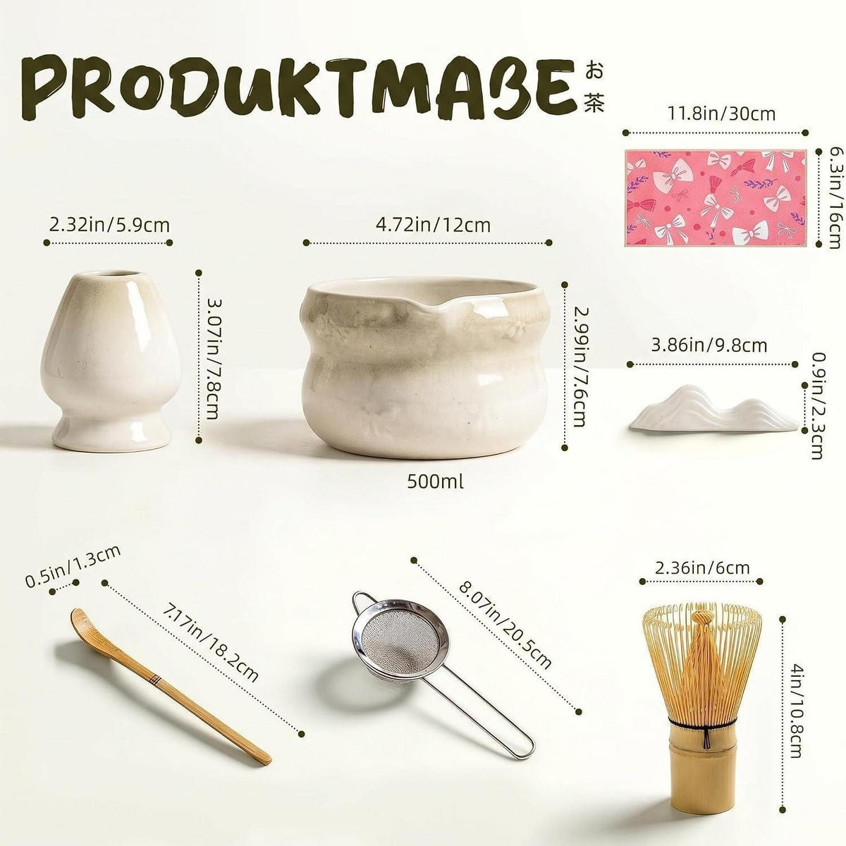 MATCHA Set 8-teilig Keramikschale Bambusbesen Halter Löffel Sieb Tuch Weiß - Weiß, Keramik (16/12/30cm)