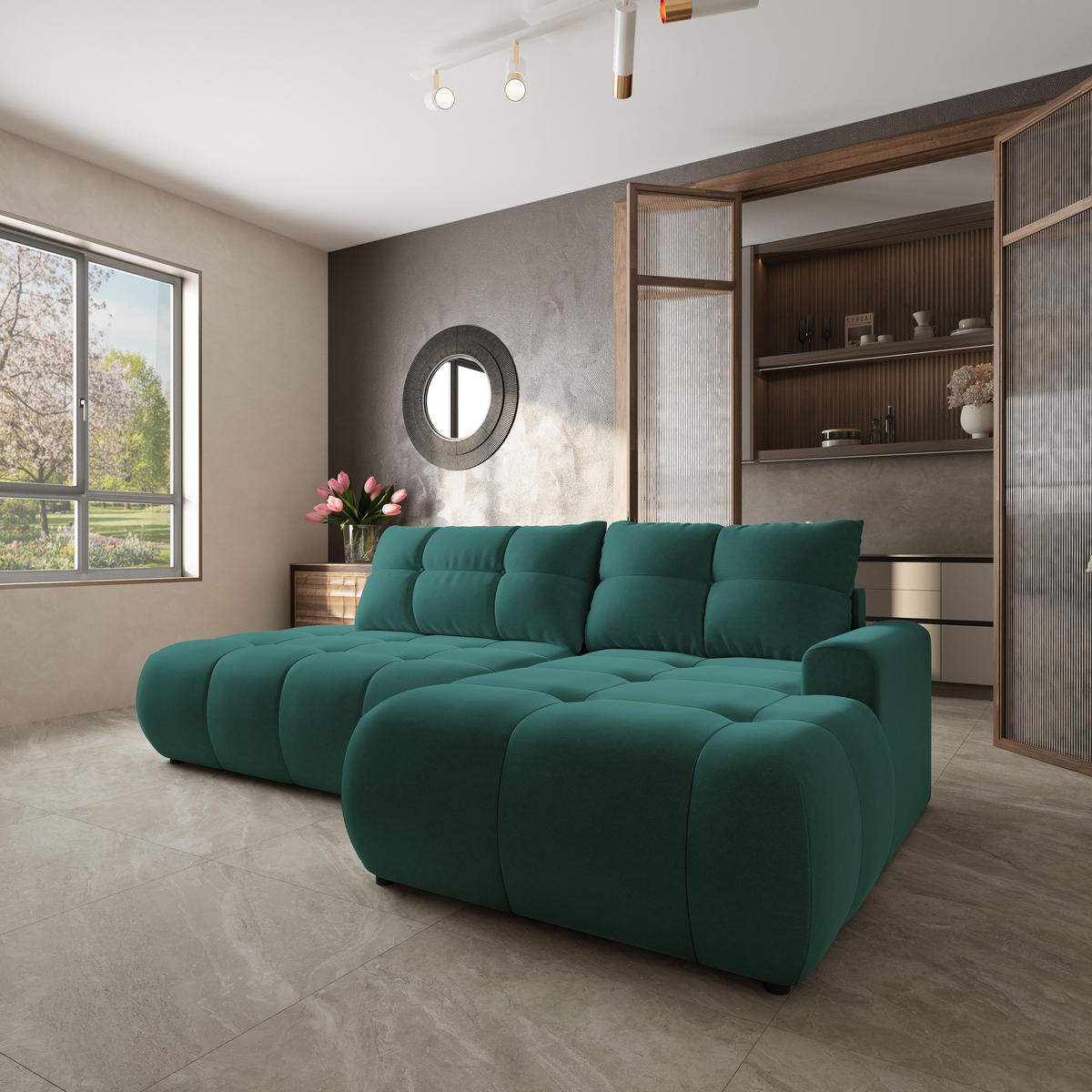 ECKSOFA FLUMA CL R-S Blau Samtstoff mit Schlaffunktion - Blau, Holzwerkstoff/Textil (279/158cm) - MASSENO