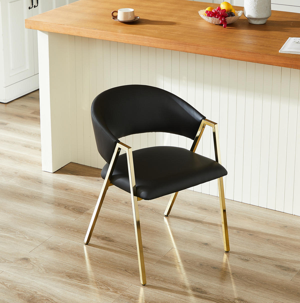 ESSZIMMERSTUHL 2er-Set mit Rückenlehne PU-Leder Schwarz Gold - Schwarz, Metall (56/77/59cm) - Meubliv