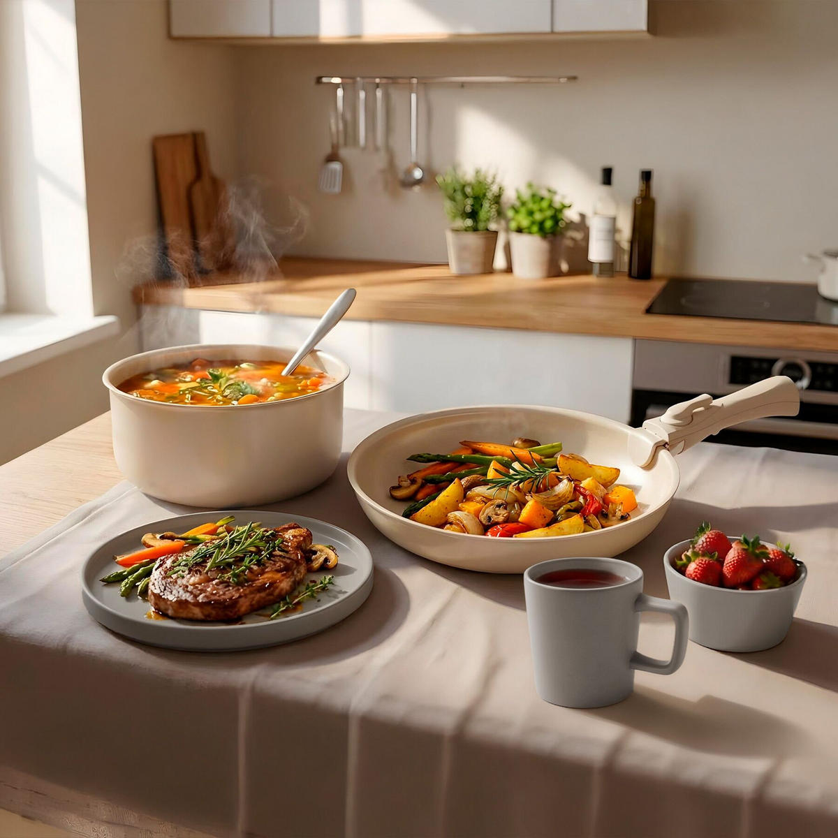 KÜCHENSTARTERSET 46er Set Una/Genua, inklusive Küchenwerkzeugen, Topfschonern und anklemmbaren Griffen, grau/weiß - Weiß/Grau, Keramik (27.5/13/44cm) - tectake