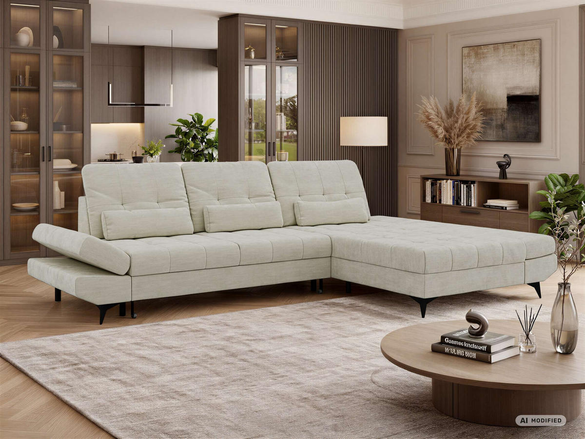 ECKSOFA ALVENO L - Creme Schenille glatt - Rechts Seite - Creme/Schwarz, Textil/Metall (344/218cm) - MKS