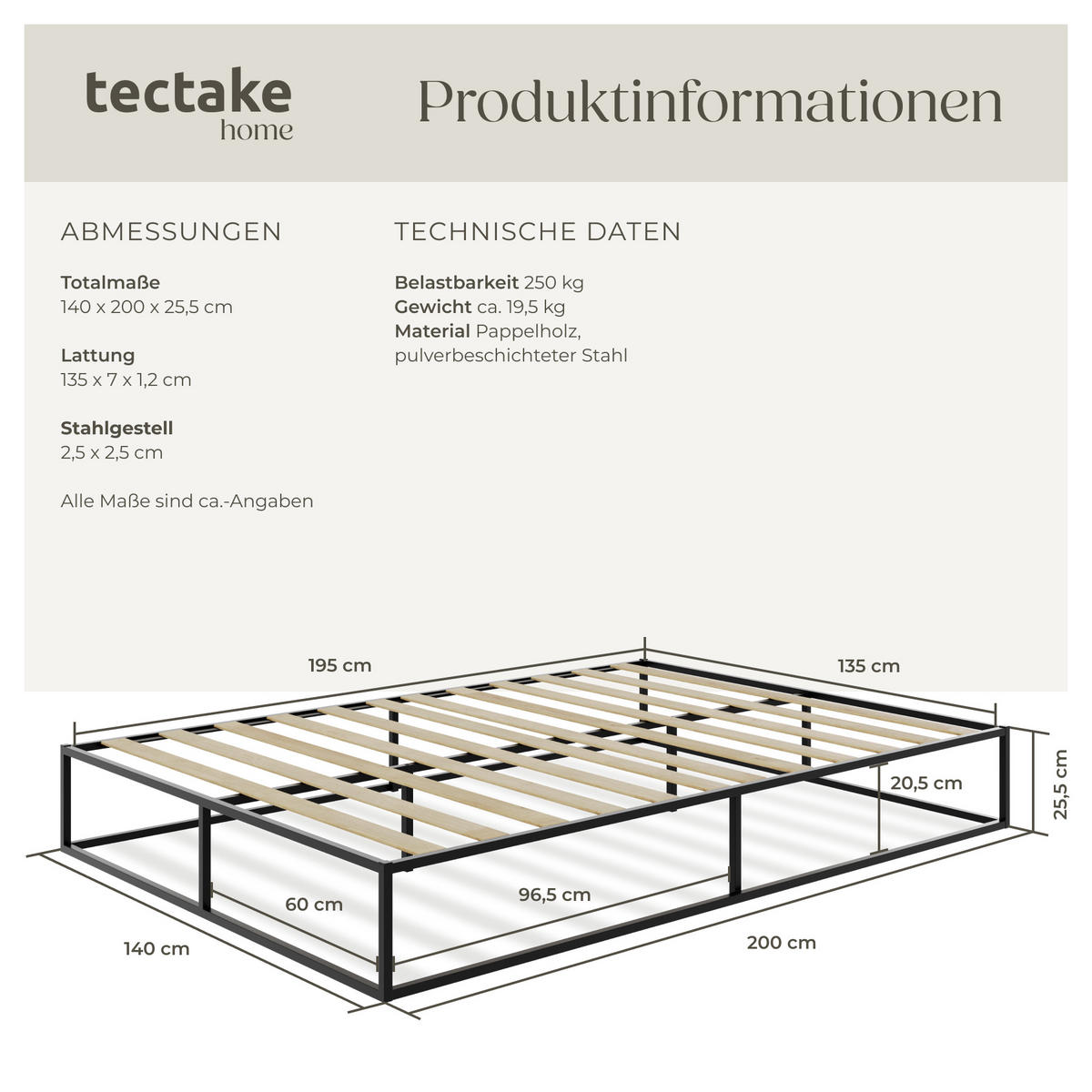 BETT Kyoto,Belastbarkeit 250 kg, bodenschonende Kunststoffkappen,schwarz - Schwarz, Metall - tectake