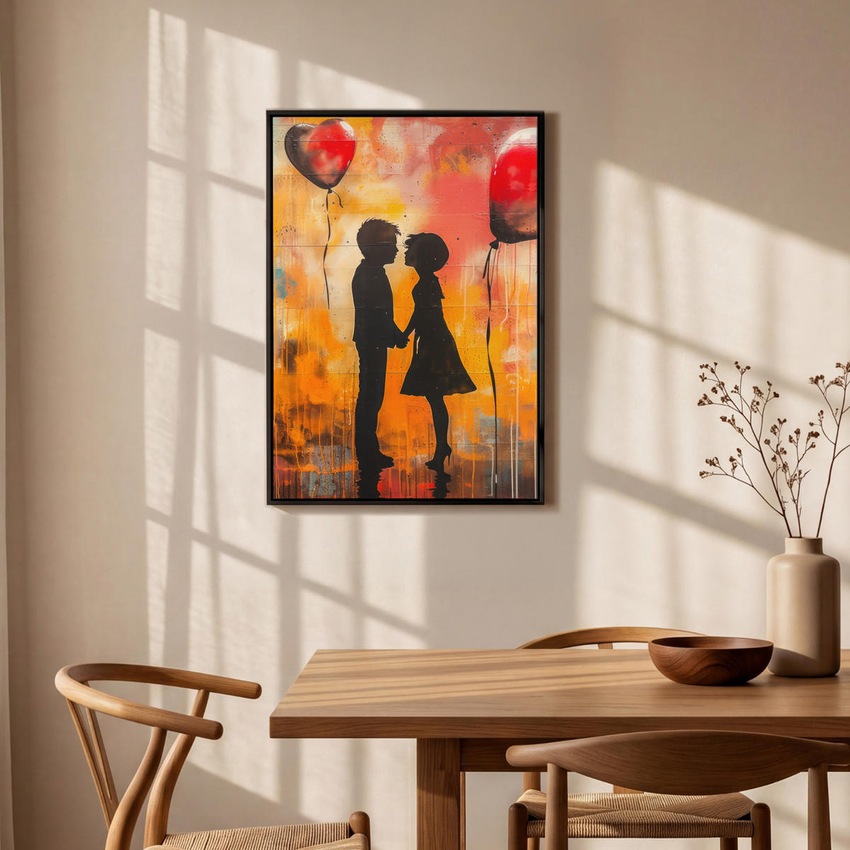 LEINWAND Bilder mit Rahmen - Straßenkunst - Liebe - Graffiti - Kunst - Banksy - 60x90 - Orange, Textil (60/90cm) - MuchoWow