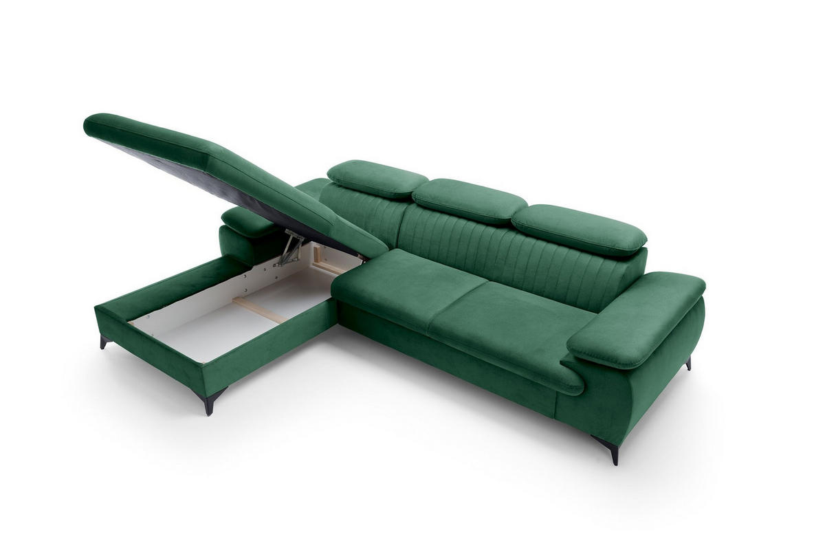 ECKSOFA FIORE Grün Velours-Stoff mit Schlaffunktion - Grün, Holz (280/193cm) - MASSENO