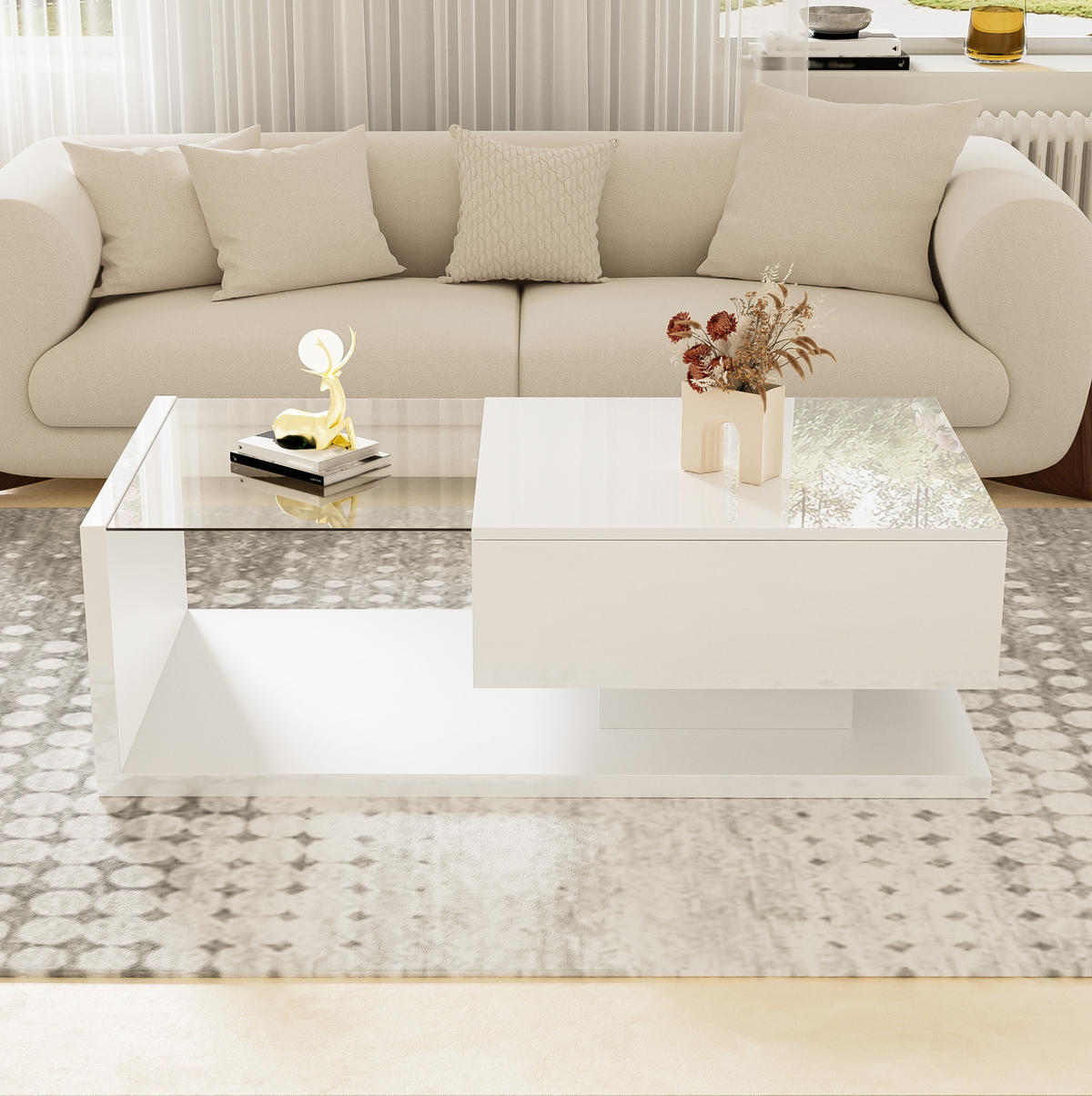 COUCHTISCH mit Ablagefach 105 x 55 cm Weiß Hochglanz mit Glas und LED - Weiß, Holzwerkstoff (105/55/32.5cm) - Meubliv