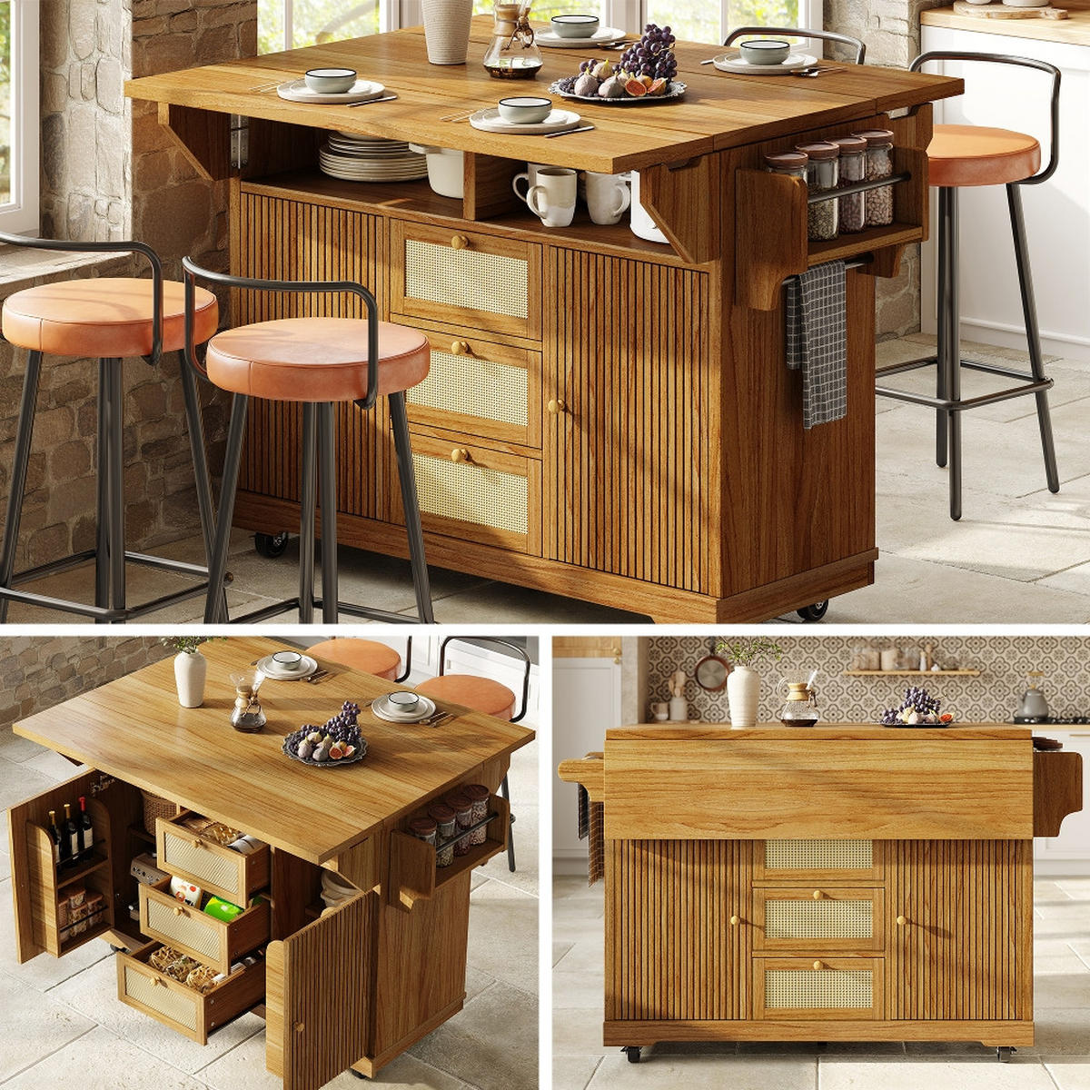 KÜCHENINSEL SERVIERWAGEN AUSKLAPPBAR, Küche Balkon Camping, 142,5/80/95 cm - Dunkelbraun, Kunststoff (80/95/142.5cm) - Rolipo